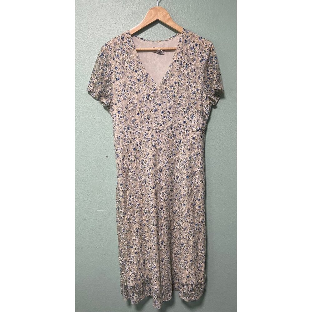 Vintage NorthStyle Women's Lace Blue Cream Floral Midi Short Sleeve Dress‎ Large